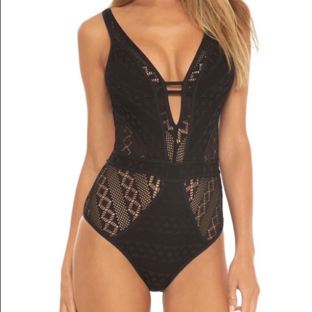 Becca Swimsuit Black Crochet One Piece BRAND NEW